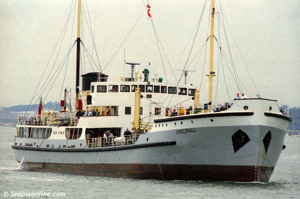 S.S. SHIELDHALL (1955/1972grt/IMO 5322752) built by Lobnitz and Co of Renfrew, Scotland as a slurry carrier. Today she is largest remaining steam-powered general-cargo, passenger ship in the world operating from her base in Southampton's eastern docks.
  October 2000. Photo by SeapixOnline.com